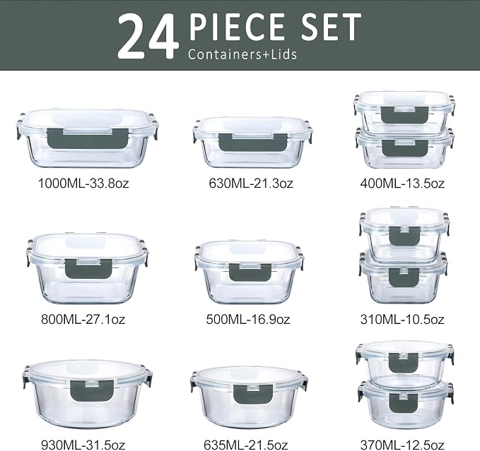 M MCIRCO 24 Piece Glass Food Storage Containers with Lids,Gray | Glass Meal Prep Containers,Airtight Lunch Containers with Lids, Microwave, Oven, Freezer and Dishwasher Friendly, BPA Free