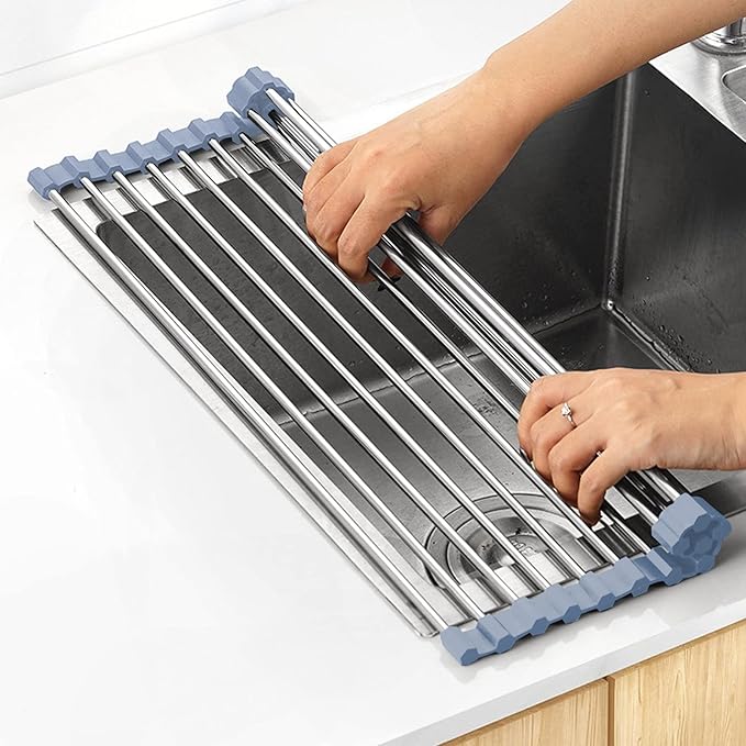 Over The Sink Dish Drying Rack, Roll Up Dish Drying Rack Kitchen Dish Rack Stainless Steel Sink Drying Rack, Foldable Dish Drainer, 17.5''x11.8''