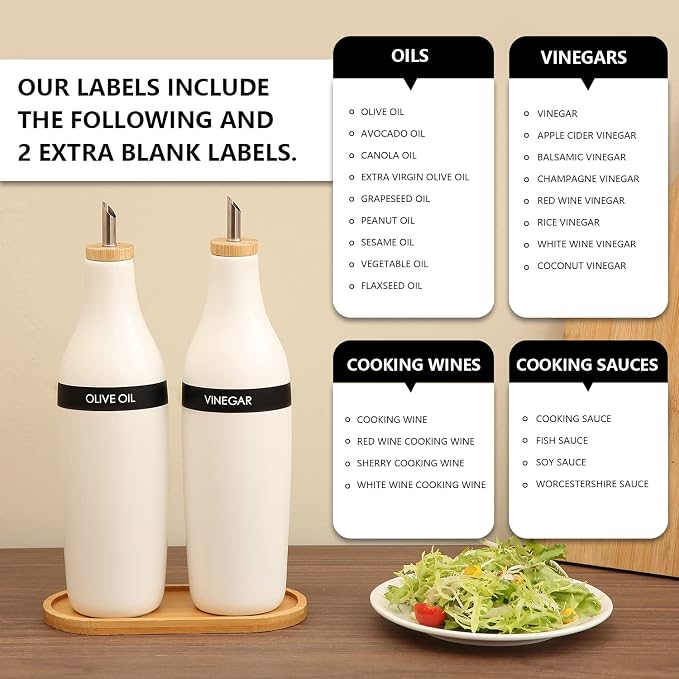 HOMCDALY Olive Oil and Vinegar Dispenser Set, Two 16oz Ceramic Oil Dispenser for Kitchen, Kitchen Dispenser Bottle for EVOO Vinegar Syrups, Modern Farmhouse Design| Set of 2 – white