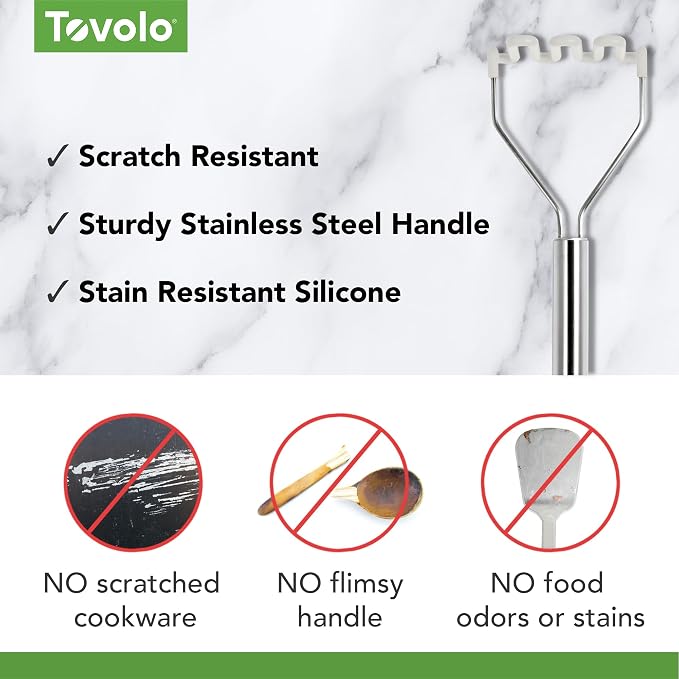 Tovolo Silicone Potato Masher Stainless Steel Handle White Dishwasher Safe Heat Resistant Non Scratch Handheld Coil Wire Potato Smasher for Nonstick Pans Ergonomic Kitchen Food Prep Tool