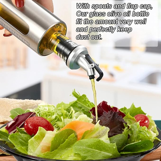 SINYWAY Oil Dispenser Bottle, 4 Pack Glass Olive Oil Dispenser Bottle with Shelf, 17oz/500 ml Oil and Vinegar Dispenser Set Wrapped in Stainless Steel Shell with Pourers, Funnel & Pen and Tags | 17oz/500 ml Oil and Vinegar Dispenser Set Wrapped in Stai...
