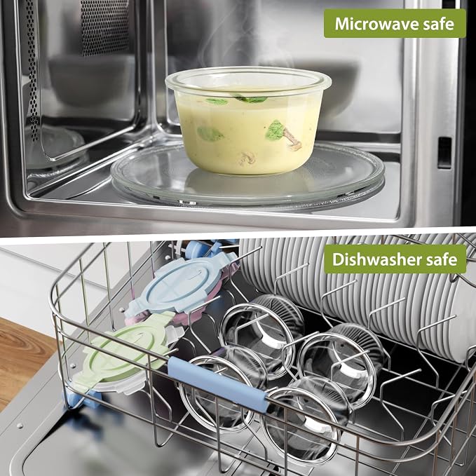 2 Cup/16oz Round Glass Meal Prep Containers with Airtight Lids, 6 Pack | Leakproof丨Borosilicate Glass丨Heat-Resistant丨BPA-Free丨Lunch Soup Leftovers Food Storage丨Microwave Oven Dishwasher Freezer Safe