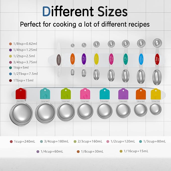 Stainless Steel Magnetic Measuring Cups and Spoons Set, 5 Nesting Magnetic Measuring Cup, 7 Magnetic Measuring Spoons, 1 Leveler for Liquid & Dry