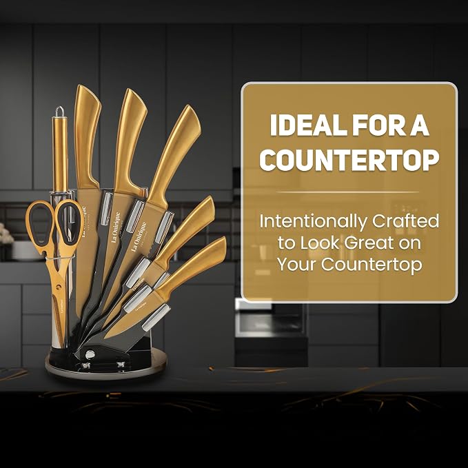 Luxury Silver & Gold Kitchen Knife Set with Block & Rod Sharpener – 8-Piece Titanium-Coated Stainless Steel Knives Set, Super Sharp Cutlery Tools, Stylish Knives Set for Kitchen