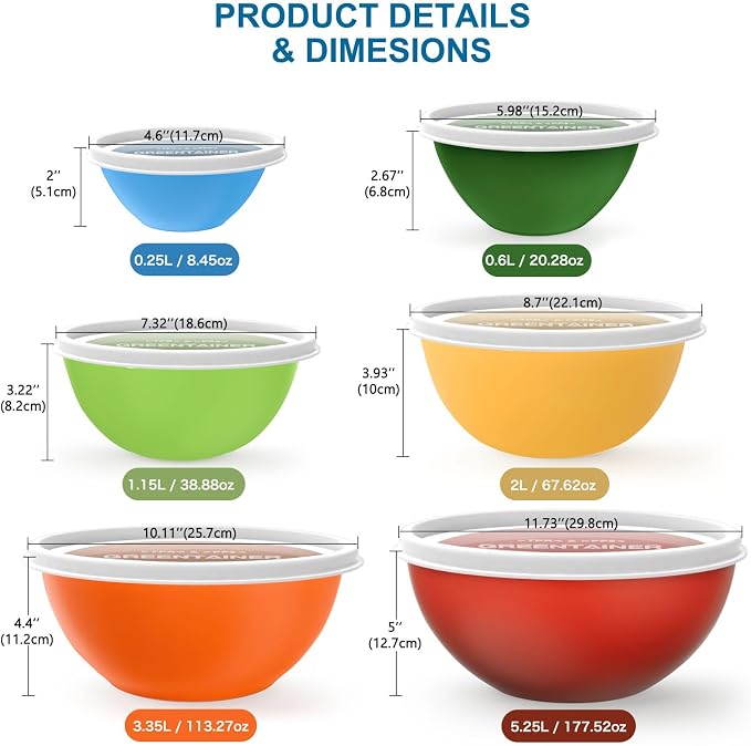 Greentainer Plastic Mixing Bowls with Lids Set for Kitchen, 6 Set Nesting Bowls for Mixing, Baking, Prepping, Cooking and Serving Food, Mixing Bowls Dishwasher, Microwave Safe