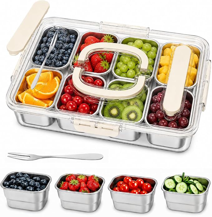 Snackle Box Container, Stainless Steel Divided Serving Tray with Lid, Handle and Forks