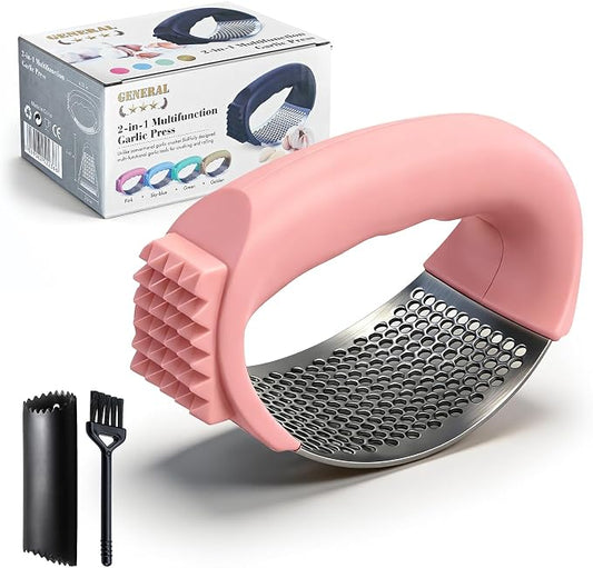 Garlic Press Rocker 304 Stainless Steel Garlic Mincer Crusher Easy to Clean Dishwasher Safe Textured End for Light Tenderizing, with Silicone Peeler and Cleaning Brush (Pink)