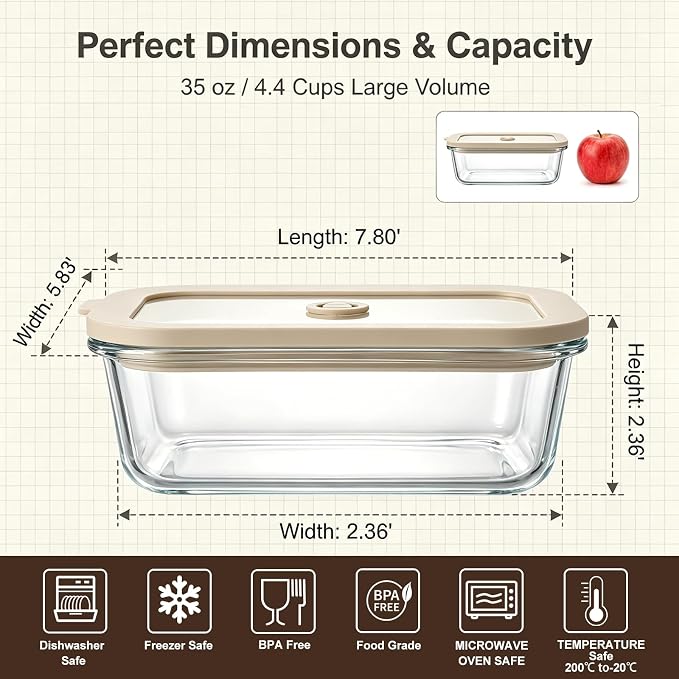 5 Pack 35 oz Glass Meal Prep Containers, Plastic-Free Glass Food Storage Containers with Lids, 4.4 Cups Airtight Glass Lunch Containers for Leftovers, Microwave, Oven, Freezer and Dishwasher