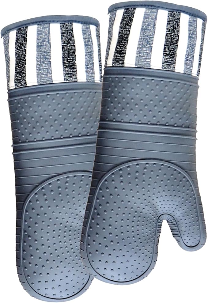 Heat Resistant 550 Degree Oven mitt, Silicone Oven Hot Mitts - 1 Pair, Extra Long Professional Baking Oven Gloves - Food Safe,Pot Holders Cooking,Grilling,Kitchen (Grey Mittens)