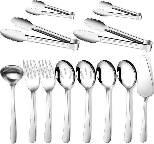 Gisly 12-Piece Serving Set - Large Spoons, Forks, Tongs, Ladle, Cake Server & Appetizer Tongs for Buffet Catering, Dishwasher Safe