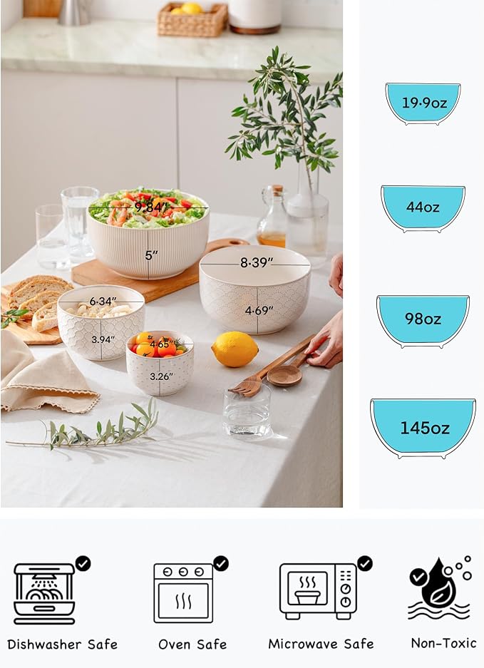 Mikiegy Ceramic Mixing Bowls Set of 4, Nesting Ceramic Embossment Stoneware Mixing Bowls for Cooking, Serving, Popcorn, Salad etc, Microwave & Dishwasher Safe, 20/44/98/145 oz, Off-White
