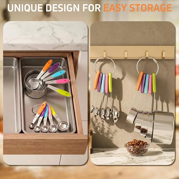 Measuring Cups and Spoons Set of 10 Pieces | Stainless Steel Nesting Measuring Cups Set with Colorful Silicone Handles, Kitchen Utensils for Cooking Baking