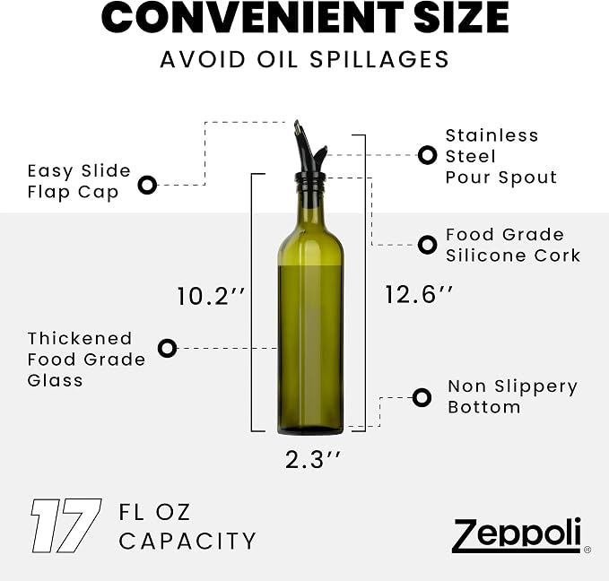 Zeppoli Kitchen Olive Oil & Vinegar Dispenser Bottle - 17 oz Set with Removable Dual Spouts, Pour Funnel, Stainless Steel Cruet - Olive Oil Dispenser Bottle
