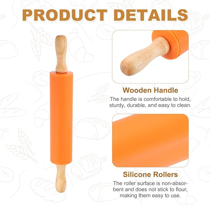 uxcell Rolling Pins for Baking, 12 Inch Silicone Non-Stick Rolling Pin Baking Roller Wooden Handle for Home Kitchen Dough Cookies Pastry, Orange