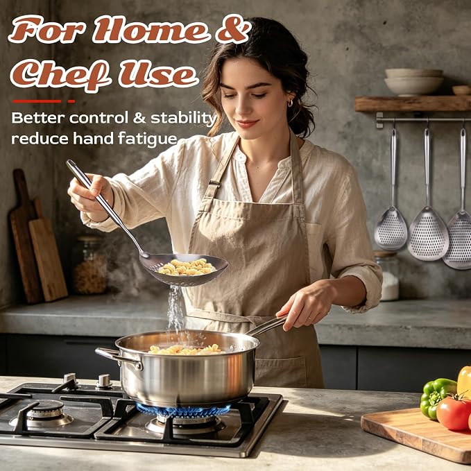 MARTE Skimmer Slotted Spoon Set of 3-304 Stainless Steel Spider Strainer Utensils Ladle Spoon with Handle for Cooking and Frying - Kitchen Pasta Strainer Colander - 14.8In,16.5In,17In
