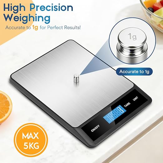 Zivacate Digital Kitchen Scales - Food Scale 5kg/11lb, 1g/0.05oz Precision, 6 Units with Tare Function, Stainless Steel, LCD Display, for Office, School, Home, Baking, Cooking (Battery Not Included)