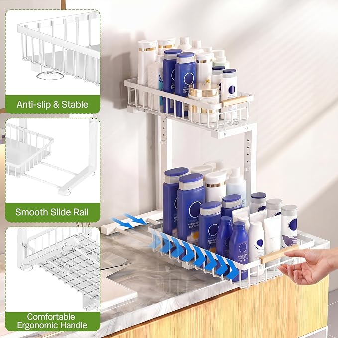 Under Sink Organizer 2 Pack, 11.7"W x 15.9"D x 13.8-16.9"H, White | Pull Out Kitchen Storage Cabinet Organizer, 2-Tier Under Sink Storage Rack for Bathroom Laundry Kitchen Storage with Drawer