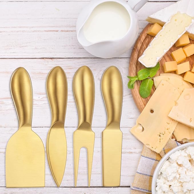 Funnymoom 4 Pcs Gold Cheese Knives Set Stainless Steel Cheese Tools with Slicer and Cutters for Kitchen Board Knife Set for Kitchen Summer Christmas Accessories Housewarming Gift
