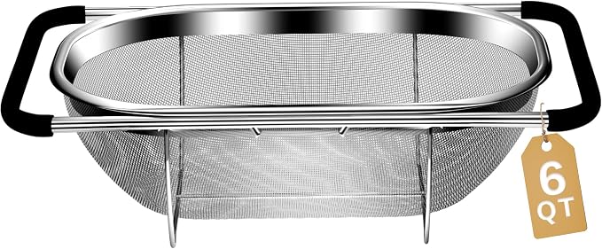 Over the Sink Colander - 6QT Strainers and Colanders - Stainless Steel Strainer - Expandable Sink Colander with Rubber Grip for Strain, Drain, Rinse Fruits, Vegetables, Home Kitchen Essentials