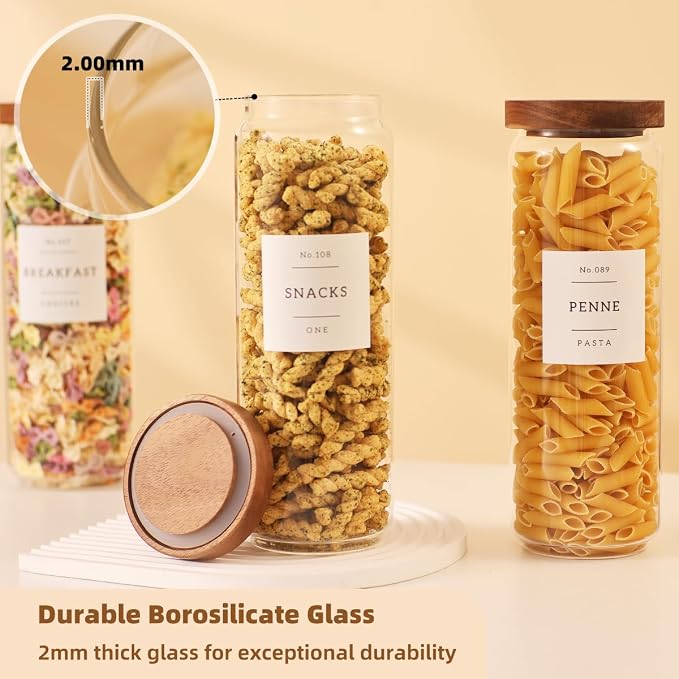3 Pack Glass Canisters with Airtight Acacia Lids and 132 Kitchen Pantey Labels Preprint - 45 Fl Oz Borosilicate Glass Pantry Storage Jars Containers with Wooden Lids for Tea,Sugar,Cookie,Coffee,Nuts