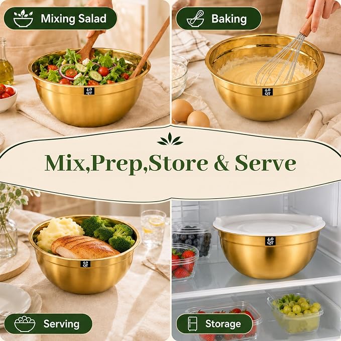 5-Piece Gold Stainless Steel Mixing Bowls with White Lids, Nesting Mixing Bowl Set in 1.5, 2.1, 3.5, 4 and 4.5 QT Sizes for Baking, Cooking, Meal Prep, Salad, Everyday Kitchen Use and Food Prep