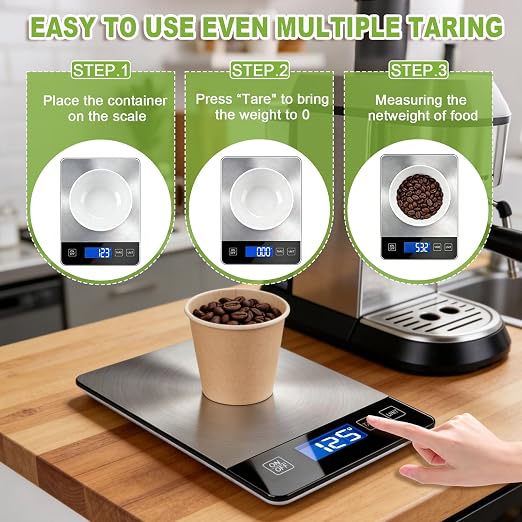 Digital Kitchen Scale, 33lb Food Scale Precisely Measures Grams and Ounces for Baking, Cooking, and Meal Prep, Rechargeable 304 Stainless Steel with LCD Display, Batteries and USB Charging Included