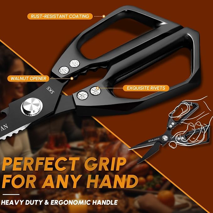 Huusk Kitchen Shears Set Black - Professional Seafood & Kitchen Scissors Set, Sharp Japanese-Style Meat Scissor for Crab, Shrimp, Lobster, Herbs and Food Prep, Gifts for Men Women