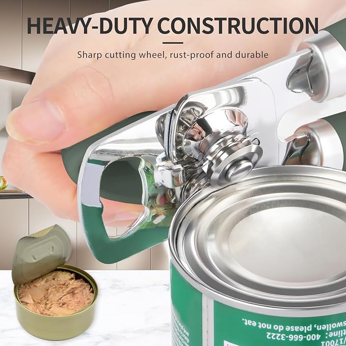 Safring Can Opener Manual, Heavy Duty Stainless Steel Smooth Edge Can Opener With Soft Touch Handle, Oversized Handheld Easy Turn Knob, Multi-Function Bottle Opener, Hunter Green
