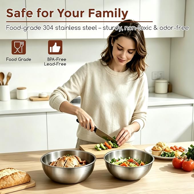 Gronivex Stainless Steel Mixing Bowls Set, 2-Piece (4.2 & 5.3 Qt) | Food-Grade Metal, Dishwasher Safety, Space-Saving – Extra-Large for Bread Dough, Whole Chicken & Big-Batch Cooking