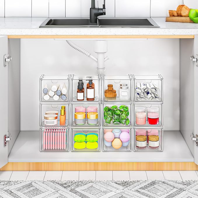6-Pack Stackable Acrylic Storage Drawers, Small | Smooth-glide drawers, stackable, clear body, dustproof, wipe clean, 6 small, for art tools, makeup, under sink, pantry
