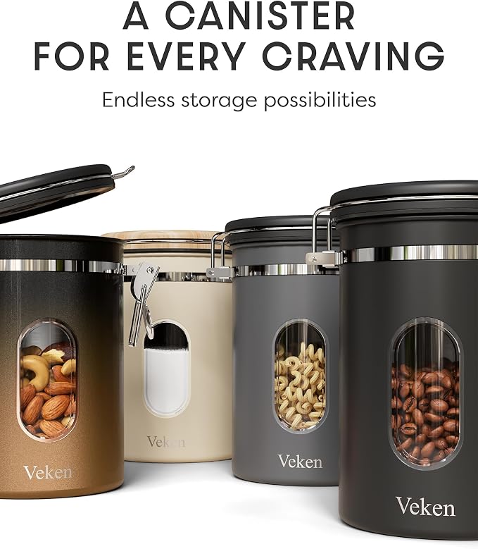 Veken Coffee Canister with Window, Airtight Stainless Steel Container, 22OZ | Kitchen Food Storage Pantry Organizers for Beans,Ground,Espresso,Rice,Tea,Sugar,Bar Accessories,Gifts,Lids,Jars, Scoop,Copper