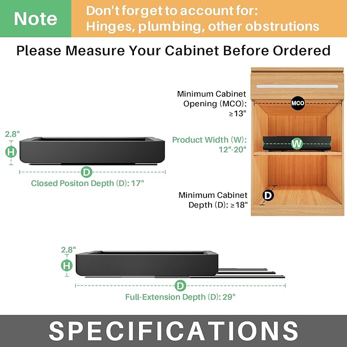 Kitstorack Pull out Cabinet Organizer, Expandable(12"-20") Heavy Duty Slide out Drawer Fixed with Adhesive Nano Film for Pots, Roll out Shelf Storage for Kitchen Base Cabinet Organization