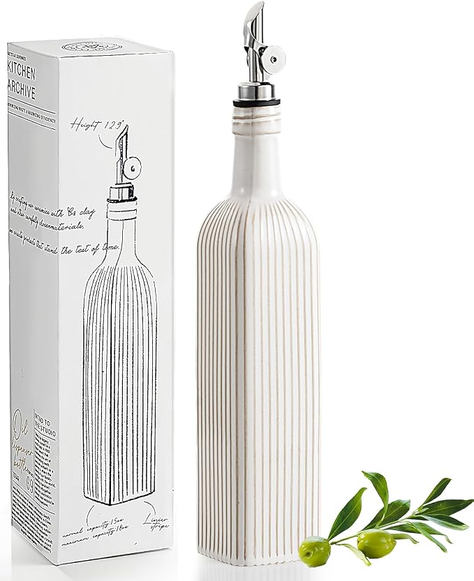 getstar 18 oz Olive Oil Dispenser Bottle for Kitchen, Ceramic Oil Bottle with Automatic Stainless Steel Pourer (Silver Pourer, Vintage White)