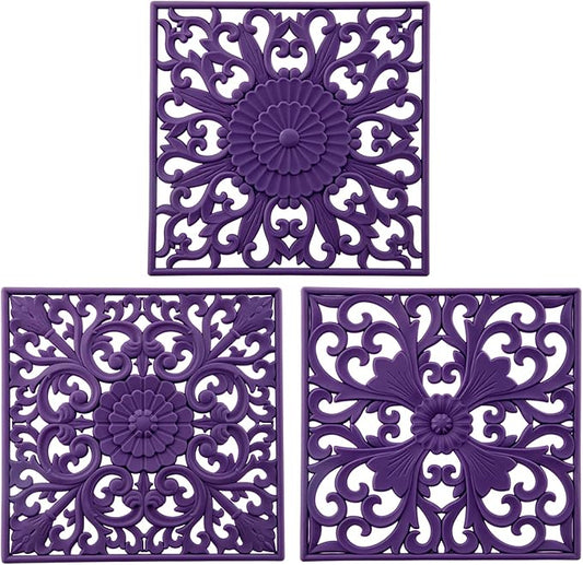 Silicone Trivets for Hot Dishes, Square Trivet Hot Pads for Kitchen Counter, Trivet Mat for Hot Pots and Pans, Thick Heat Resistant Mat for Quartzs, Kitchen Tabletops Pot Holder Set 3 Purple