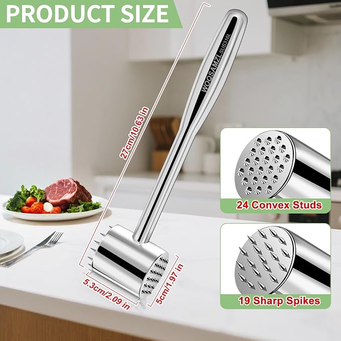 2-in-1 Real 316L Stainless Steel Meat Tenderizer Mallet Hammer,Dual-Sided Meat Tenderizer Tool with 19 Sharp Needles Spikes,Heavy Duty 1.09lbs Versatile Kitchen Pounder,Solid & Dishwasher Safe