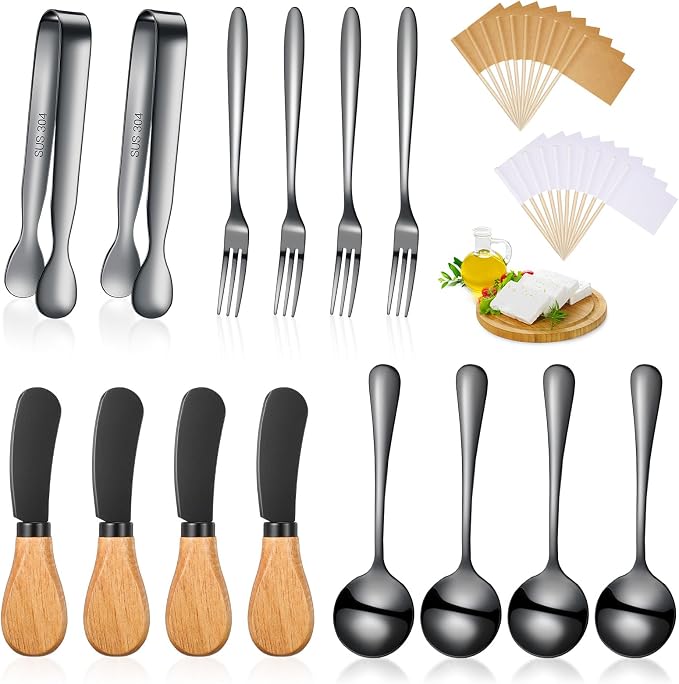 34 Pcs Charcuterie Board Accessories Cheese Butter Spreader Knives Set Stainless Steel Spreader Knives with Wooden Handles Charcuterie Boards Utensils Mini Serving Tongs Spoons and Forks, Black