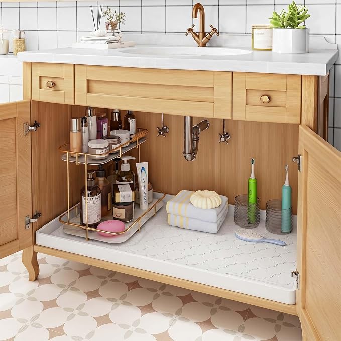 Jin&Bao Under Sink Mat 34" x 22" Waterproof Silicone Cabinet Kitchen Liner | Silicone kitchen cabinet protector, bathroom shelf liner, raised edge traps leaks, anti-slip, easy to clean & dishwasher safe