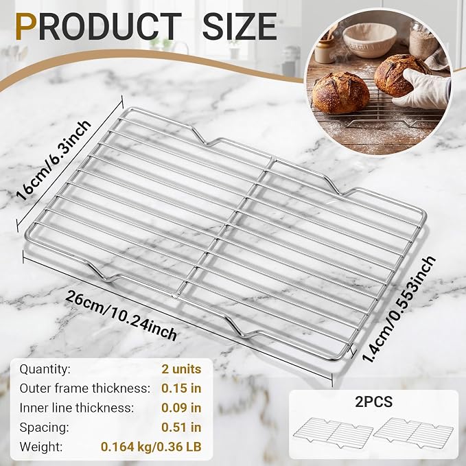 Lounsweer 2 Pack Cooling Racks, 5L x 10.5W x 1H Stainless Steel Wire Rack for Baking Sheet, Large Cookie Cooling Rack, Oven Safe Cooking Racks for Sheet Pan, Dishwasher Safe, Fits Third Size Pans