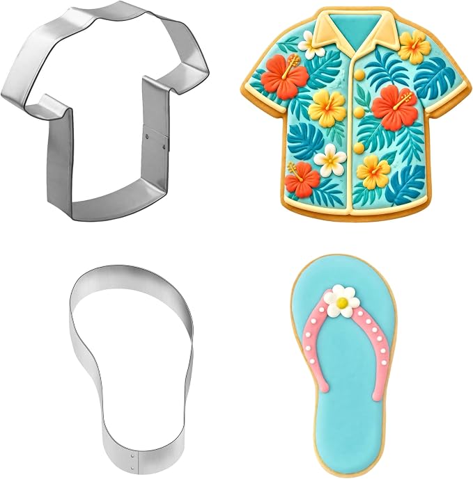 Hawaiian Luau Cookie Cutter 9 Piece Set from The Cookie Cutter Shop - Palm Tree, Hawaiian Shirt, Tiki, Flip Flop, Surfboard Cookie Cutters – Tin Plated Steel Cookie Cutters