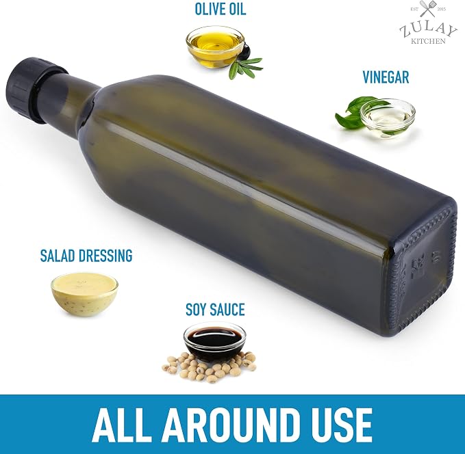 Zulay Kitchen (2 pack 17oz Olive Oil Dispenser Bottle For Kitchen - With 2 Spouts, 2 Removable Corks, 2 Caps, & 1 Funnel - Oil Bottle For Kitchen & Storing Liquids