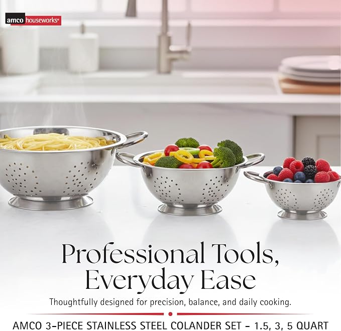 Amco 3-Piece Stainless Steel Colander Set - Silver, Set of 3