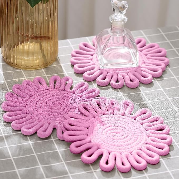 Kitchen Trivets for Hot Dishes Potholders for Countertop Hot Pads Hot Mats or Trivets for Hot Pots and Pans Home Essentials Boho Farmhouse Kitchen Decor Set of 3, 100% Cotton,7.5" (Light Pink)