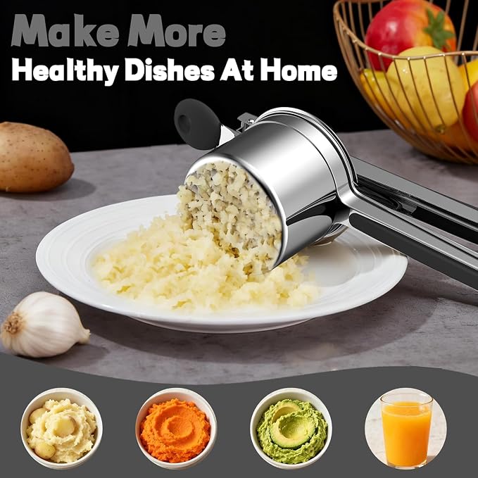 Large 15oz Potato Ricer Heavy Duty Stainless Steel Potato Masher and Ricer Kitchen Tool, Press and Mash Kitchen Gadget For Perfect Mashed Potatoes - Everytime (Black)