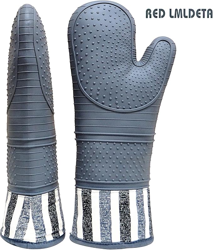 Heat Resistant 550 Degree Oven mitt, Silicone Oven Hot Mitts - 1 Pair, Extra Long Professional Baking Oven Gloves - Food Safe,Pot Holders Cooking,Grilling,Kitchen (Grey Mittens)