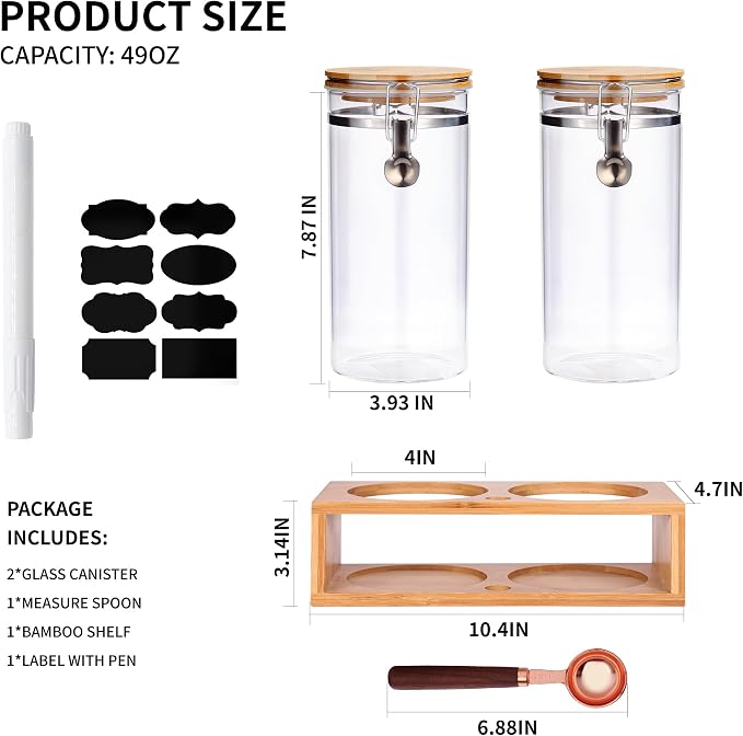 Glass Coffee Storage Container with Bamboo Shelf, 2PCS 49oz Airtight Sealed Coffee Bean Jar with Clamp Lid & Measuring Spoon, Kitchen Pantry Canister Set for Ground Coffee Sugar Tea Flour