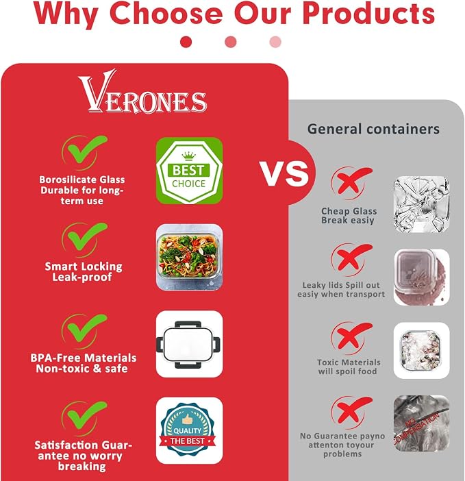 VERONES 30 Pieces Glass Food Storage Containers Set with Lids, Red | Stackable Glass Meal Prep Containers Set with Lids, Airtight Lunch Containers, for Microwave, Oven, Freezer & Dishwasher