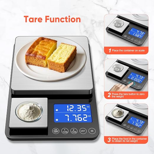 Dual Platform Digital Kitchen Scale, 33lb/15kg & 0.001oz/0.01g Precision, Two Scales in One, Coffee & Food Scale, Dual Display, Stainless Steel, Tare, g/oz/lb/ml