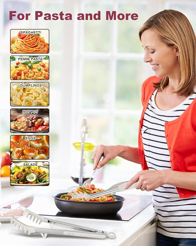 2-Piece Silicone Spaghetti Spoon and Pasta Tong Set, Heat-Resistant Non-Stick Noodle Server with Teeth, 13“ BPA-Free Spaghetti Strainer Fork, Stainless Steel Handle for Pasta Cooking, Beige