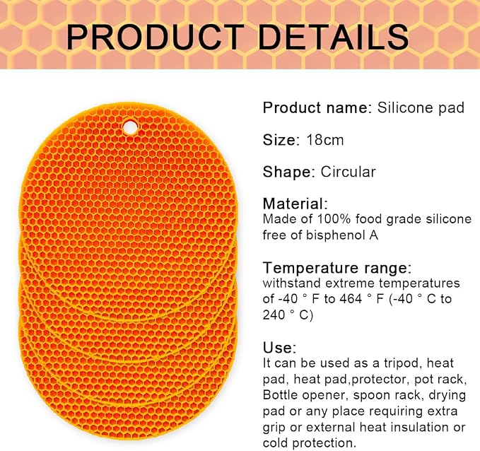 7-Inch Round Silicone Trivet Mats - 4-Pack Non-Slip Heat Resistant Hot Pads for Kitchen Countertops, Pots and Pans (Orange)