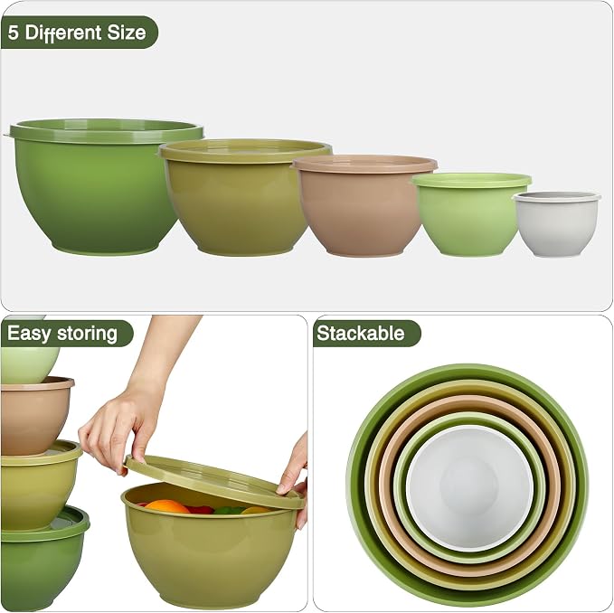 Greentainer Plastic Mixing Bowls with Lids Set for Kitchen, 5 Set Nesting Bowls for Mixing, Baking, Prepping, Cooking and Serving Food, Mixing Bowls Dishwasher, Microwave Safe